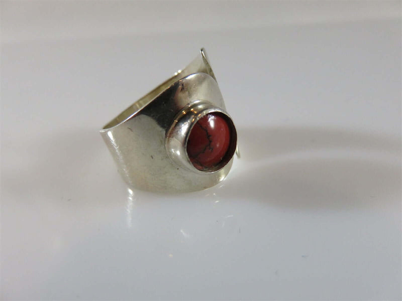 925 Sterling Cabochon Coral Adjustable Fashion Ring Signed HOB Mexico - Just Stuff I Sell