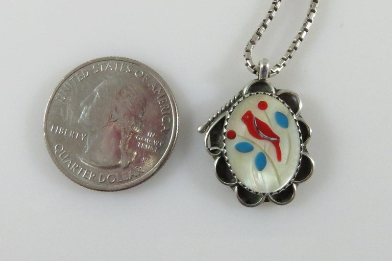 Southwestern Zuni Sterling Silver Red Cardinal Bird Pendant & 16" Chain - Just Stuff I Sell