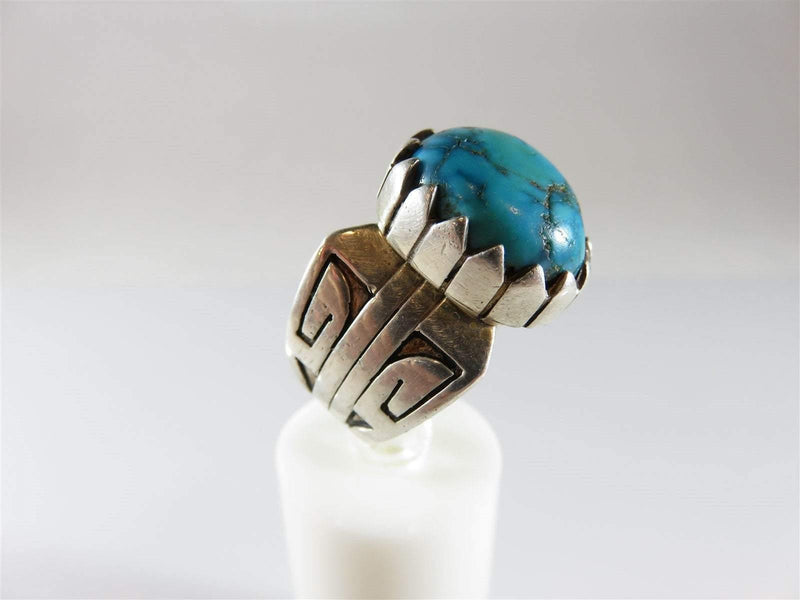 Sterling Silver Cabochon Turquoise Ring Native American Signed RJ Size 10.5 - Just Stuff I Sell