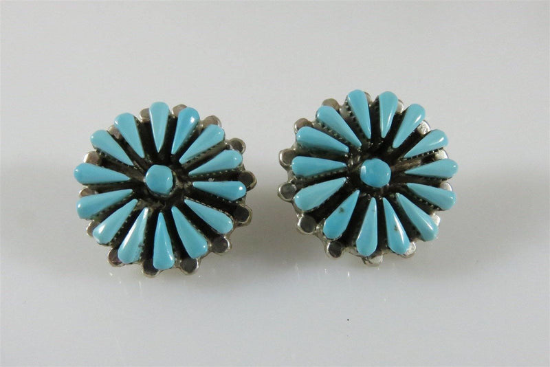 Zuni Sterling Silver Needlepoint Turquoise Earrings Cluster Floral Design Pierced Post - Just Stuff I Sell