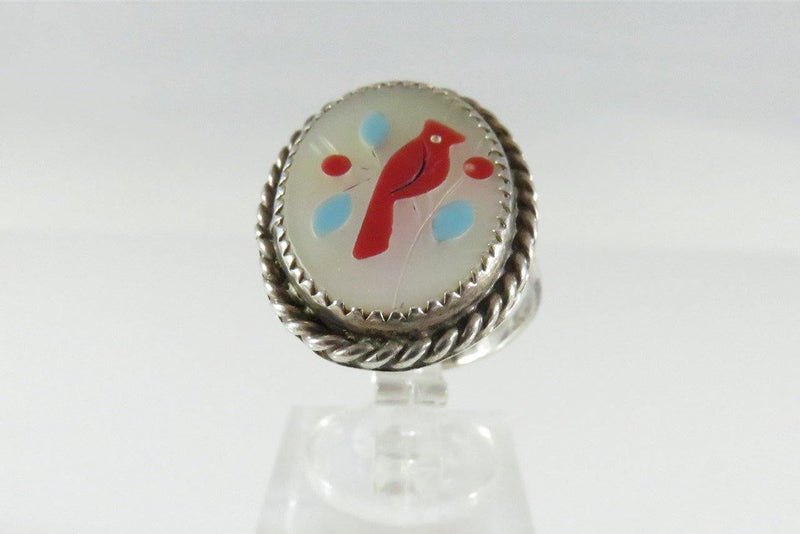 Mother of Pearl Red Cardinal Bird Ring Native American Zuni Sterling Silver Size 5.75 - Just Stuff I Sell