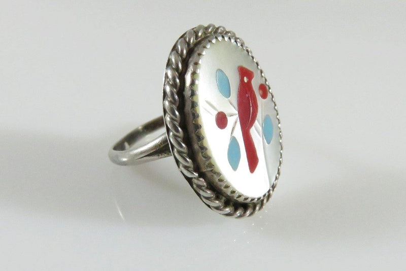 Mother of Pearl Red Cardinal Bird Ring Native American Zuni Sterling Silver Size 5.75 - Just Stuff I Sell