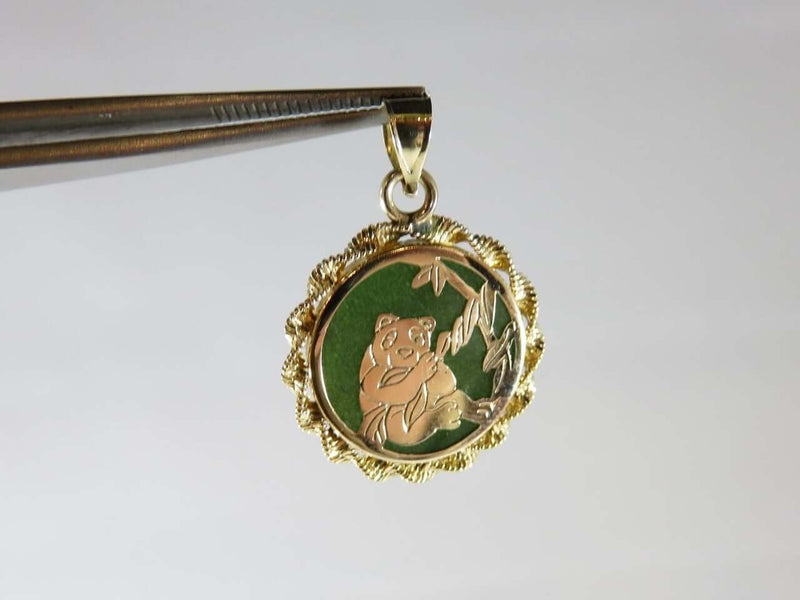 14K Yellow Gold Panda Pendant Green Nephrite Jade Accented Wire Wrapped Pendant - Just Stuff I Sell