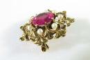 Absolutely Gorgeous 3.3 Carat Ruby & 8 Pearl 14K Yellow Gold Mid Century Brooch - Just Stuff I Sell