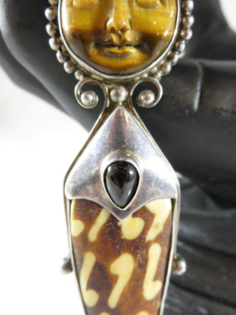 Lovely Vintage Sajen Sterling Silver Sun God Brooch Carved Tigers Eye Black Jade - Just Stuff I Sell