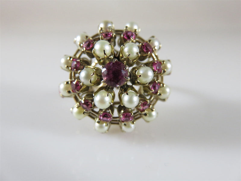 Vintage 9K Yellow Gold Pearl & Ruby Princess "Harem" Ring 7.5 Grams Size 9.75 - Just Stuff I Sell