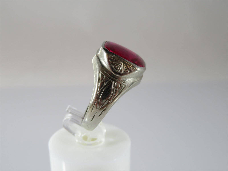 Lovely 7.3g 10K White Gold Hand Etched Hand Made Ruby Pinky Ring Size 8.75 - Just Stuff I Sell