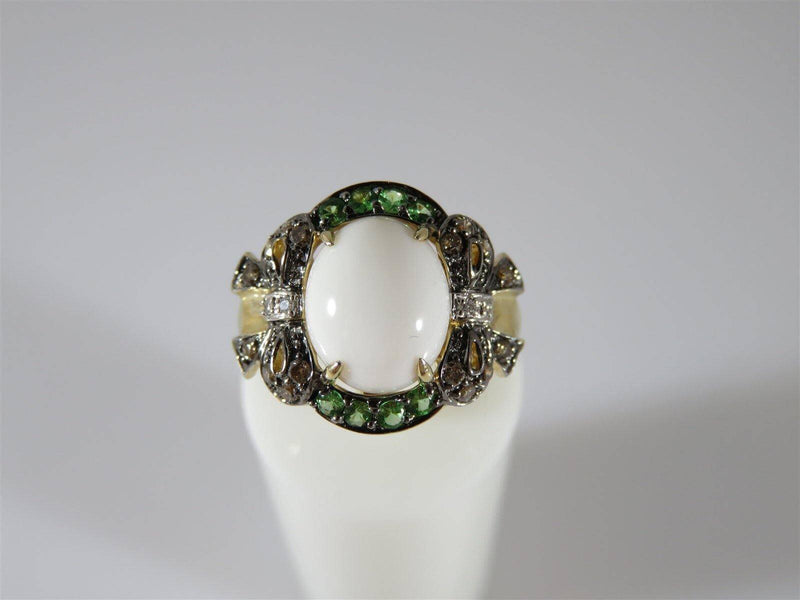Chocolate Diamonds, Green Tourmaline, White Coral 14K Yellow Gold Ring Size 6.75 - Just Stuff I Sell