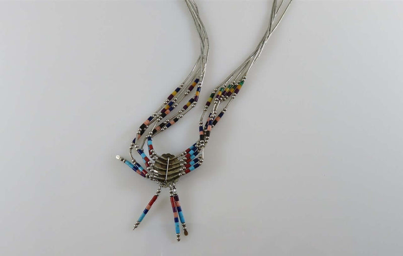 Fabulous "Liquid Silver" Zuni Signed TK Inlaid Sterling Silver Necklace - Just Stuff I Sell