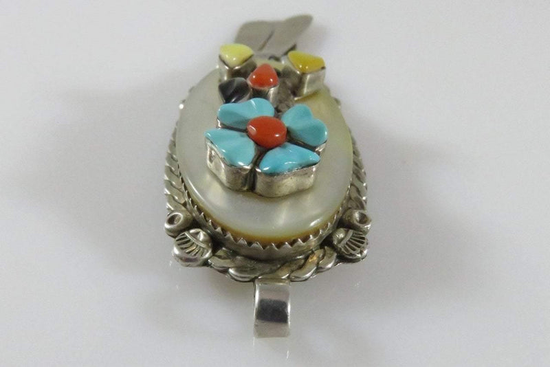 Vintage Sarah Simplicio Zuni Sterling Silver Flower Pendant, MOP Turquoise Coral - Just Stuff I Sell