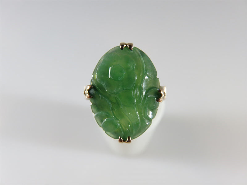 Victorian Edwardian 9K Rose Gold Carved Nephrite Jade Floral Ring Size 6.5 - Just Stuff I Sell