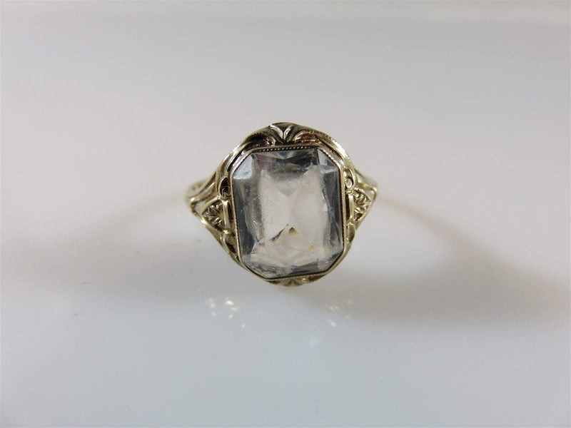 Vintage 10K Yellow Gold Setting Circa 1930's Style Emerald Cut Glass Ring 6.75 - Just Stuff I Sell