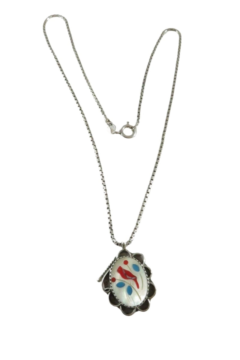 Southwestern Zuni Sterling Silver Red Cardinal Bird Pendant & 16" Chain - Just Stuff I Sell