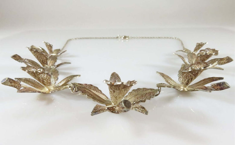 Lovely Antique Artisan 925 Silver Filigree 3D Calla Lily Flower Necklace 17 3/4" - Just Stuff I Sell