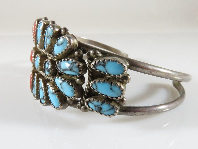 Nice Used Coral & Turquoise Cluster Cuff Sterling Silver Navajo Louise Morgan - Just Stuff I Sell