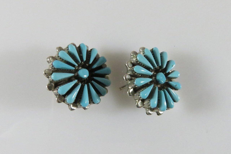 Zuni Sterling Silver Needlepoint Turquoise Earrings Cluster Floral Design Pierced Post - Just Stuff I Sell