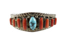 Lovely Polished Coral Turquoise Sterling Silver Cuff Bracelet with Nice Details - Just Stuff I Sell