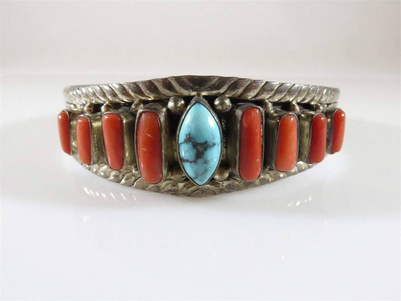 Lovely Polished Coral Turquoise Sterling Silver Cuff Bracelet with Nice Details - Just Stuff I Sell