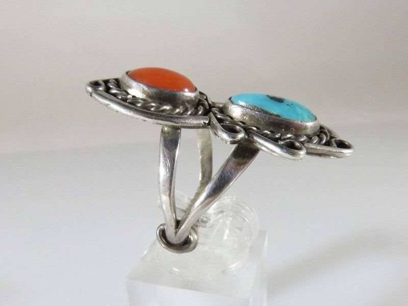 Fabulous Southwestern Turquoise & Coral Sterling Silver Ring Size 6.75 - Just Stuff I Sell