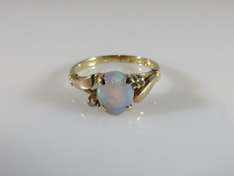 Lovely Vintage 14K Yellow Gold Oval Opal Solitaire with Diamond Accents Size 5.5 - Just Stuff I Sell