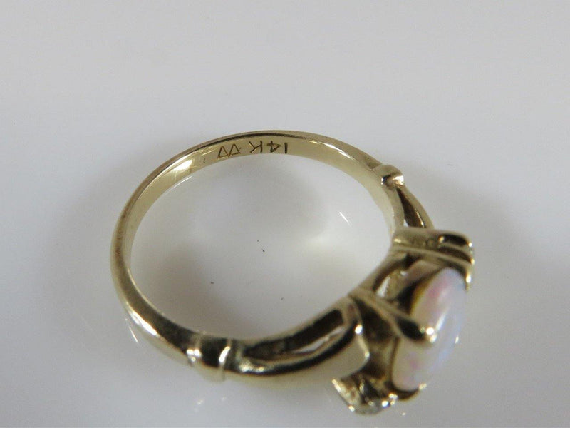 Lovely Vintage 14K Yellow Gold Oval Opal Solitaire with Diamond Accents Size 5.5 - Just Stuff I Sell