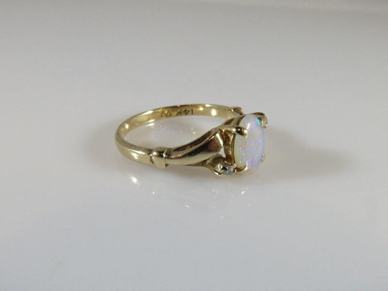 Lovely Vintage 14K Yellow Gold Oval Opal Solitaire with Diamond Accents Size 5.5 - Just Stuff I Sell