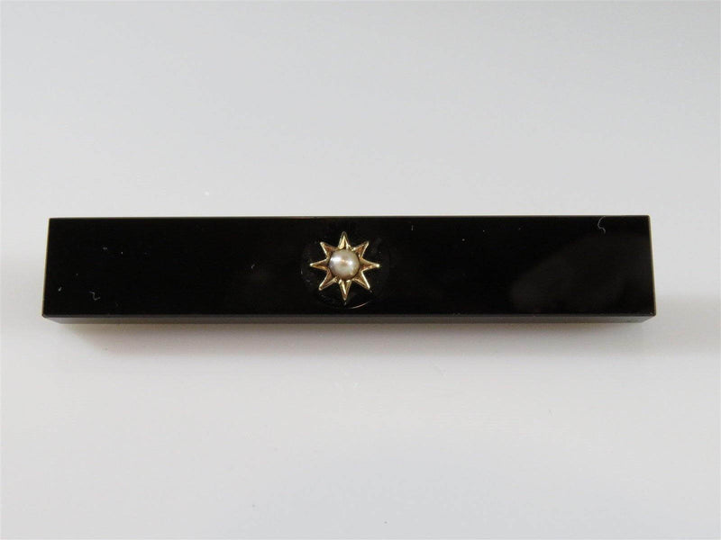 14K Gold Onyx Seed Pearl Mourning Brooch Bar Style 2 3/8" Long 9.7 grams - Just Stuff I Sell