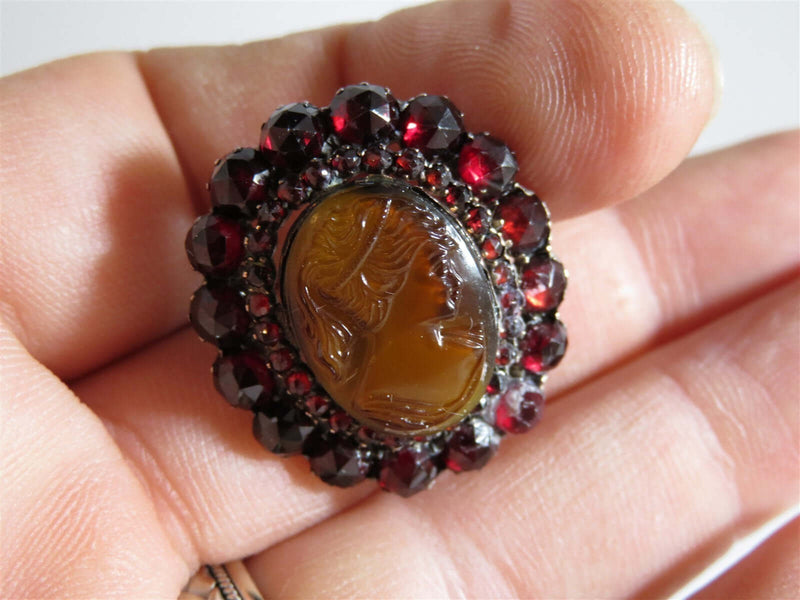 Lovely Unique Victorian Romantic Period Paste Garnet & Faux Cameo Brooch - Just Stuff I Sell