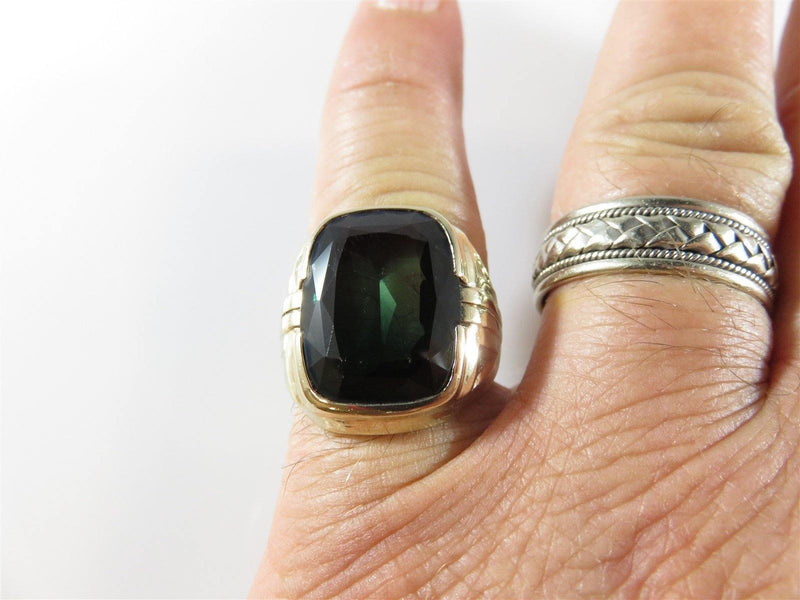 Men's Statement Ring 10K Yellow Gold Green 15 Carat Spinel Size 9.5 & 10.1 Grams - Just Stuff I Sell