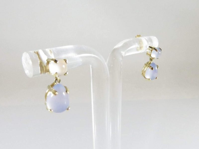 14K Yellow Gold Blue Moonstone Dangle Earrings Round Tear Drop Cabochon - Just Stuff I Sell