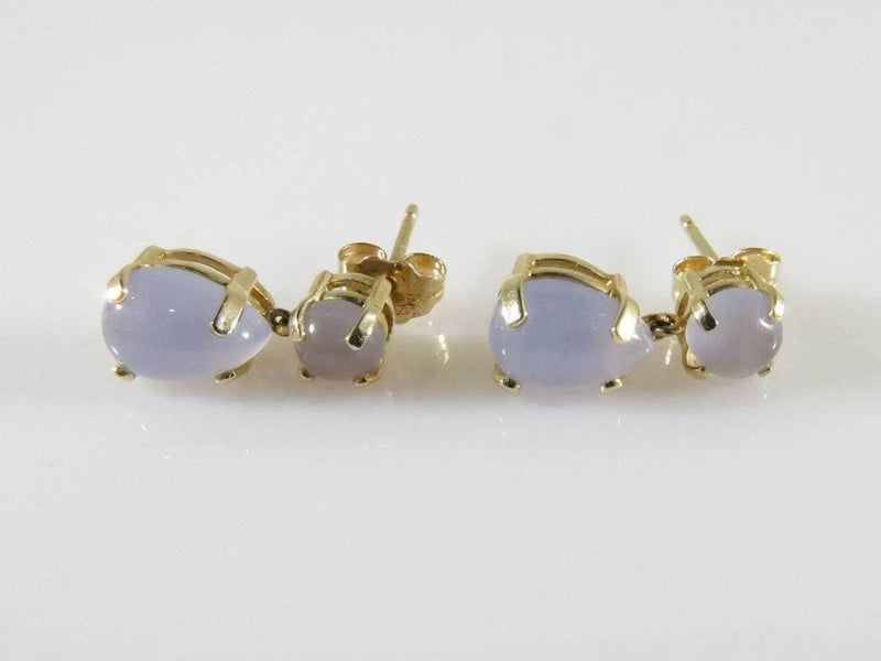 14K Yellow Gold Blue Moonstone Dangle Earrings Round Tear Drop Cabochon - Just Stuff I Sell