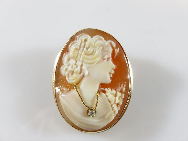 Nice Vintage 14K Yellow Gold Diamond Accented Carved Shell Cameo Pendant Brooch - Just Stuff I Sell