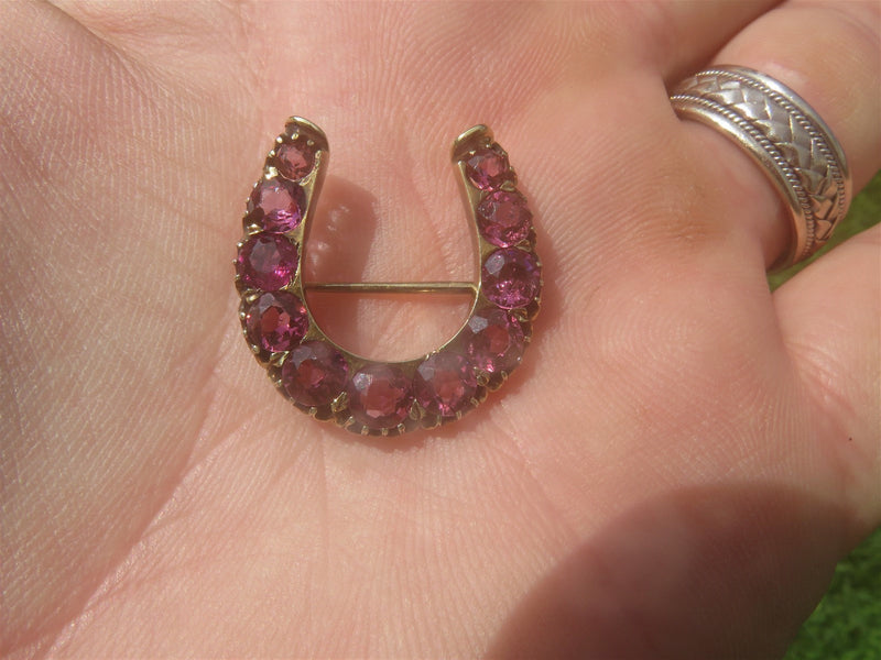 Stunning 14K Gold 3.8 TCW 11 Natural Pink Tourmaline Victorian Era Horseshoe Pin - Just Stuff I Sell