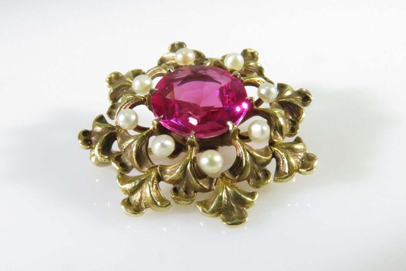 Absolutely Gorgeous 3.3 Carat Ruby & 8 Pearl 14K Yellow Gold Mid Century Brooch - Just Stuff I Sell