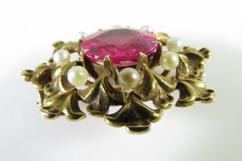 Absolutely Gorgeous 3.3 Carat Ruby & 8 Pearl 14K Yellow Gold Mid Century Brooch - Just Stuff I Sell