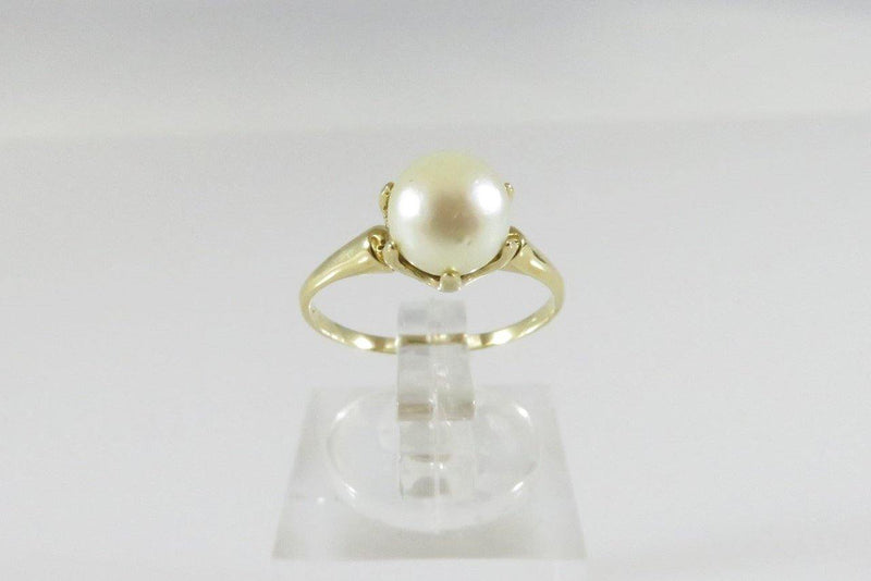 14K Yellow Gold & 6.3mm Round Solitaire Pearl Alternative Engagement Ring Size 4.5 - Just Stuff I Sell