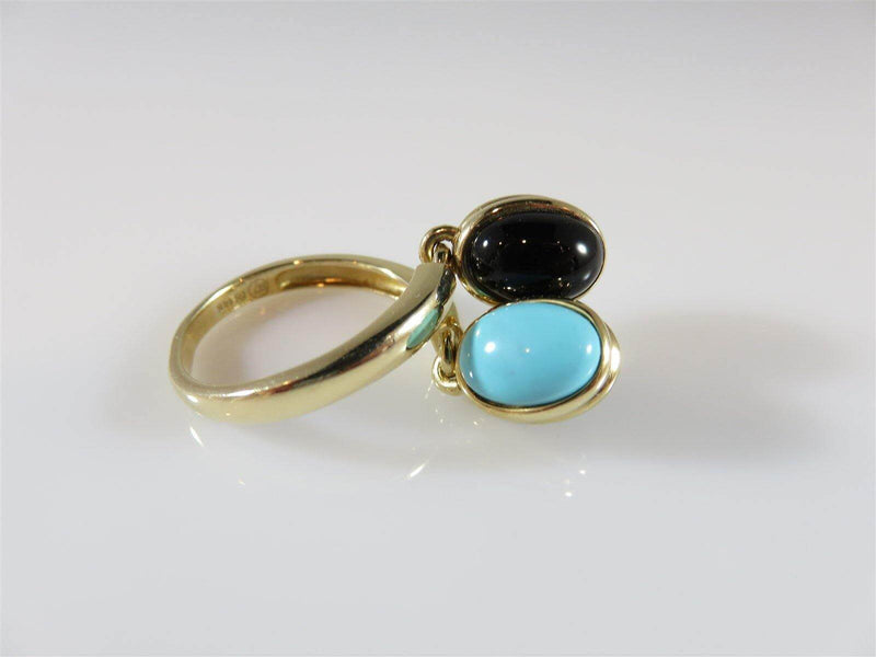 14K Solid Gold Turquoise & Onyx Cabochon Dangle Ring Size 8 - Just Stuff I Sell