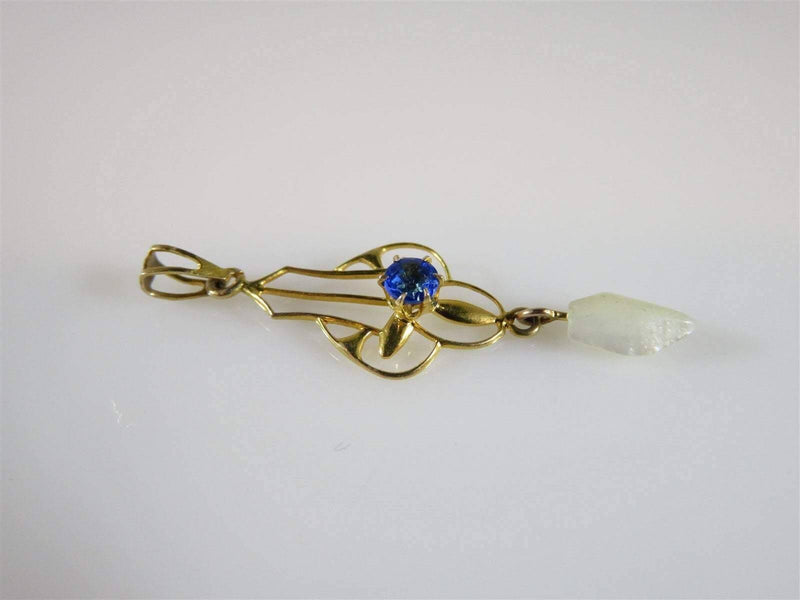 10K Yellow Gold Art Nouveau Lavalier Pendant Blue Paste with Pearl Dangle - Just Stuff I Sell