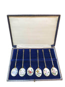 Box Set of 6 Sterling Silver Floral Enamel Demitaise Spoons Collins & Cook UK — Rarities • Gold, Sterling Silver — front view