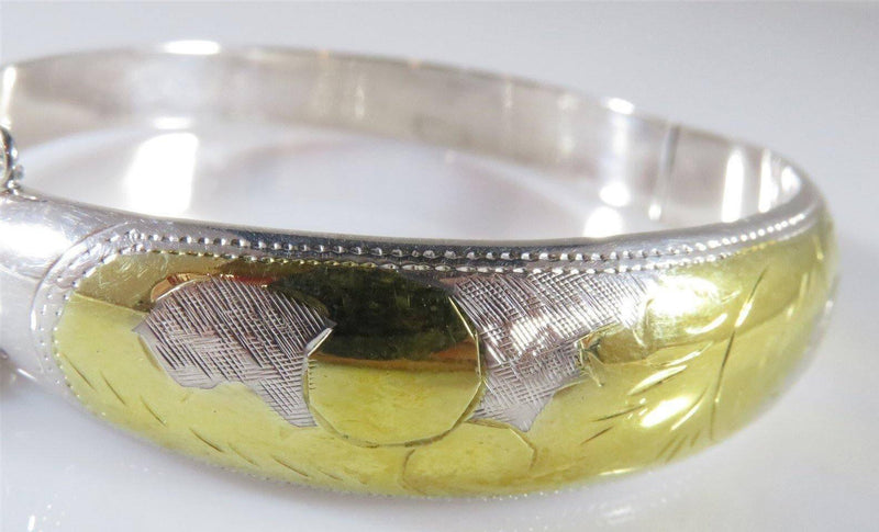 Lovely 7" Wrist Gold Wash Design on Sterling Silver Bangle Bracelet With Safety Chain - Just Stuff I Sell