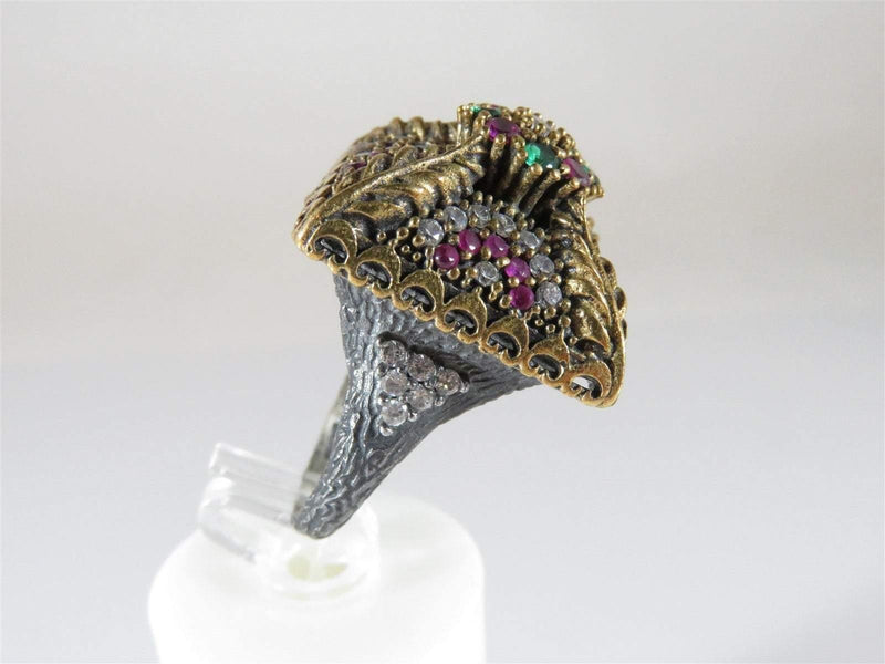 Sterling Silver Antiqued Bronze Sapphire Emerald Topaz Victorian Style Ring 7.5 - Just Stuff I Sell