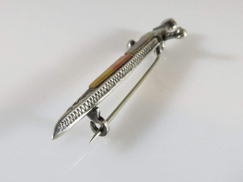 Vintage Sterling Silver Scottish Pebble Agate Sword Kilt Pin Brooch - Just Stuff I Sell