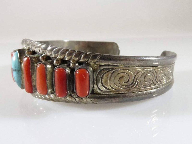 Lovely Polished Coral Turquoise Sterling Silver Cuff Bracelet with Nice Details - Just Stuff I Sell