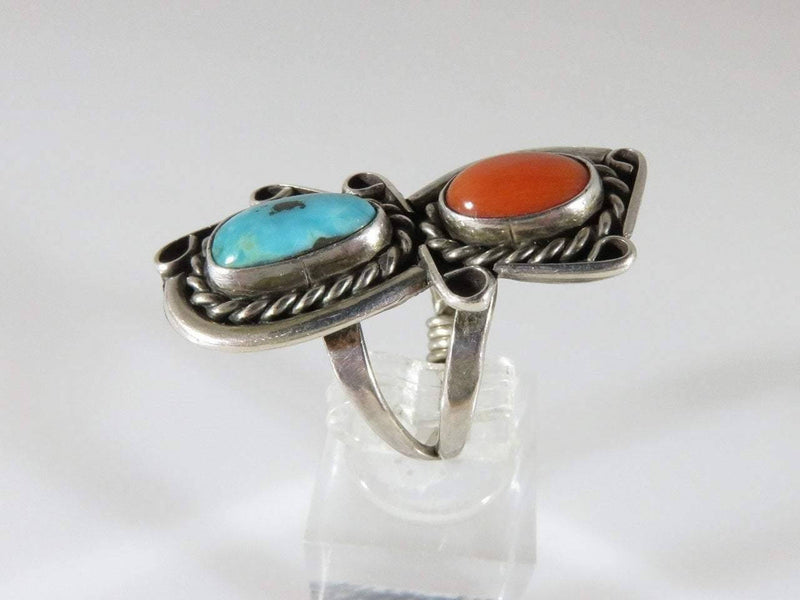 Fabulous Southwestern Turquoise & Coral Sterling Silver Ring Size 6.75 - Just Stuff I Sell