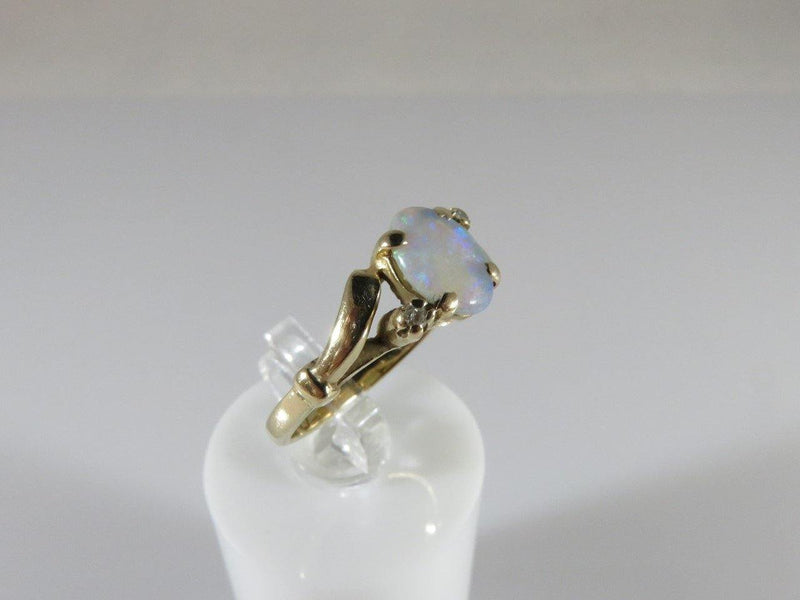 Lovely Vintage 14K Yellow Gold Oval Opal Solitaire with Diamond Accents Size 5.5 - Just Stuff I Sell