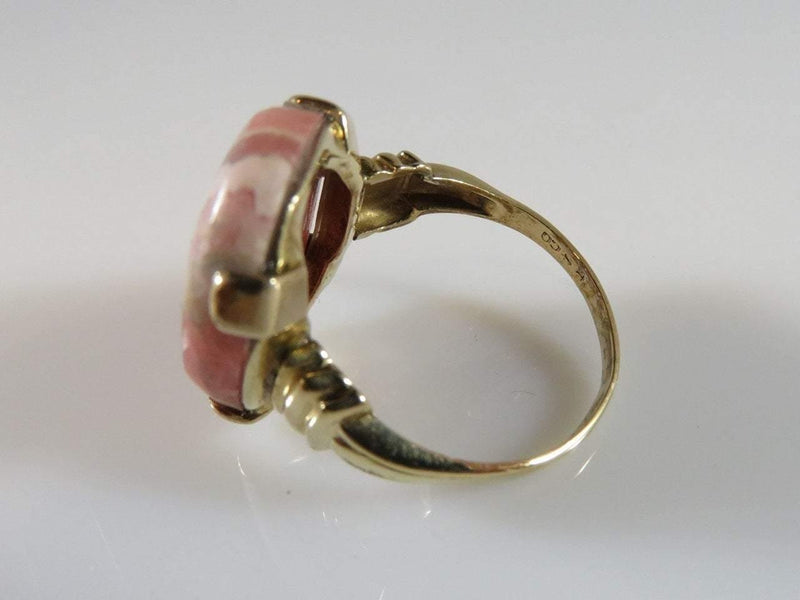 Vintage Beautiful Polish Pink & White Cabochon Agate 10K Yellow Gold Ring - Just Stuff I Sell