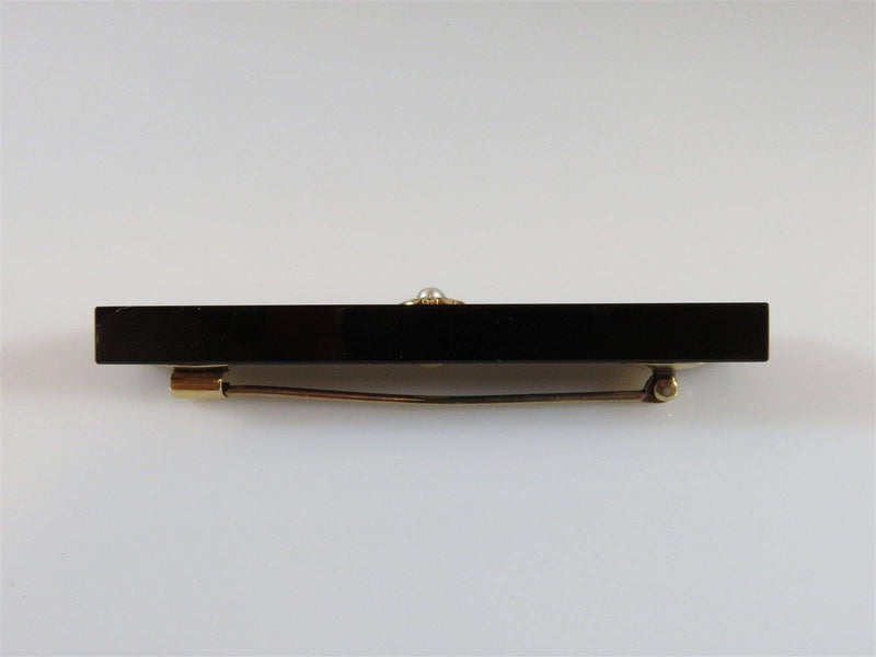 14K Gold Onyx Seed Pearl Mourning Brooch Bar Style 2 3/8" Long 9.7 grams - Just Stuff I Sell