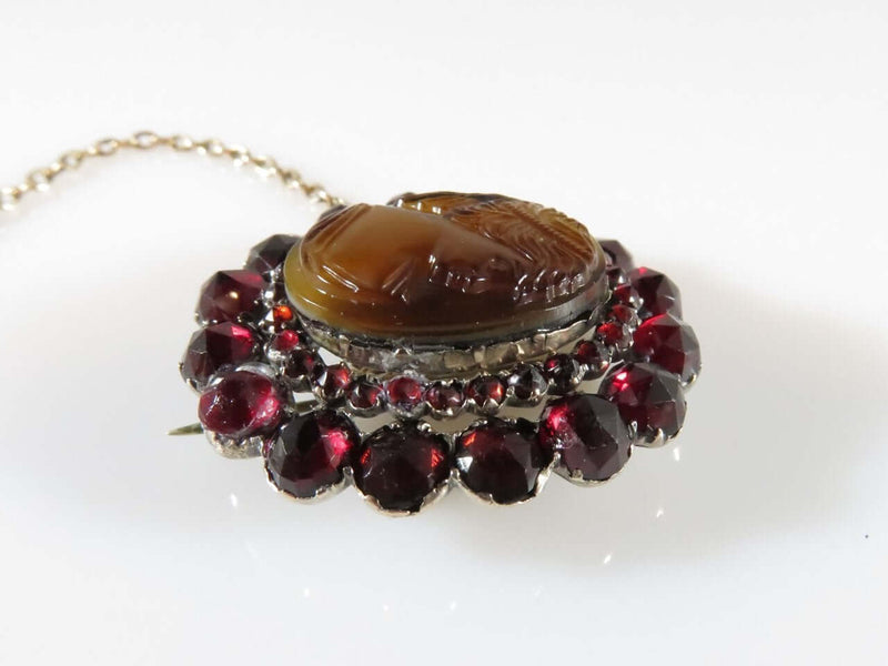 Lovely Unique Victorian Romantic Period Paste Garnet & Faux Cameo Brooch - Just Stuff I Sell