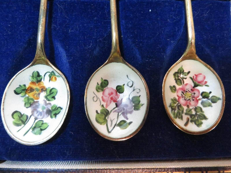 Box Set of 6 Sterling Silver Floral Enamel Demitaise Spoons Collins & Cook UK - Just Stuff I Sell