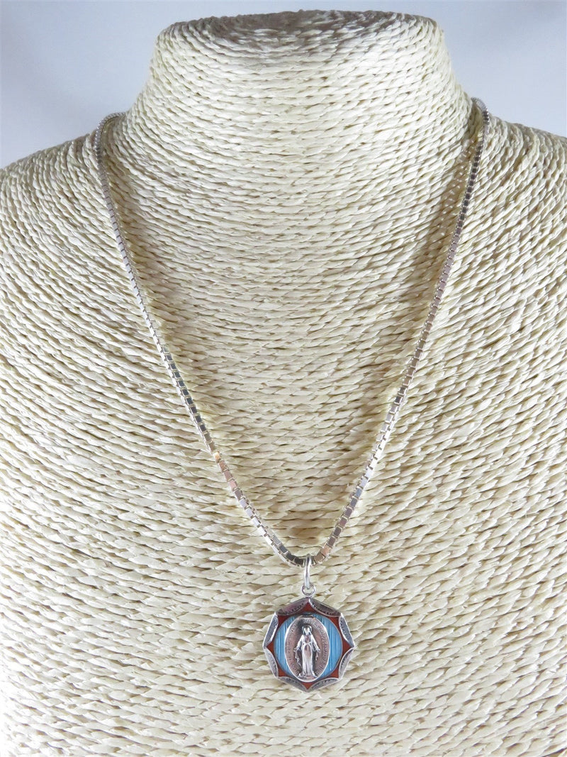 Vintage Sterling Silver Red Blue Enameled Virgin Mary Icon Pendant 18" Box Chain - Just Stuff I Sell
